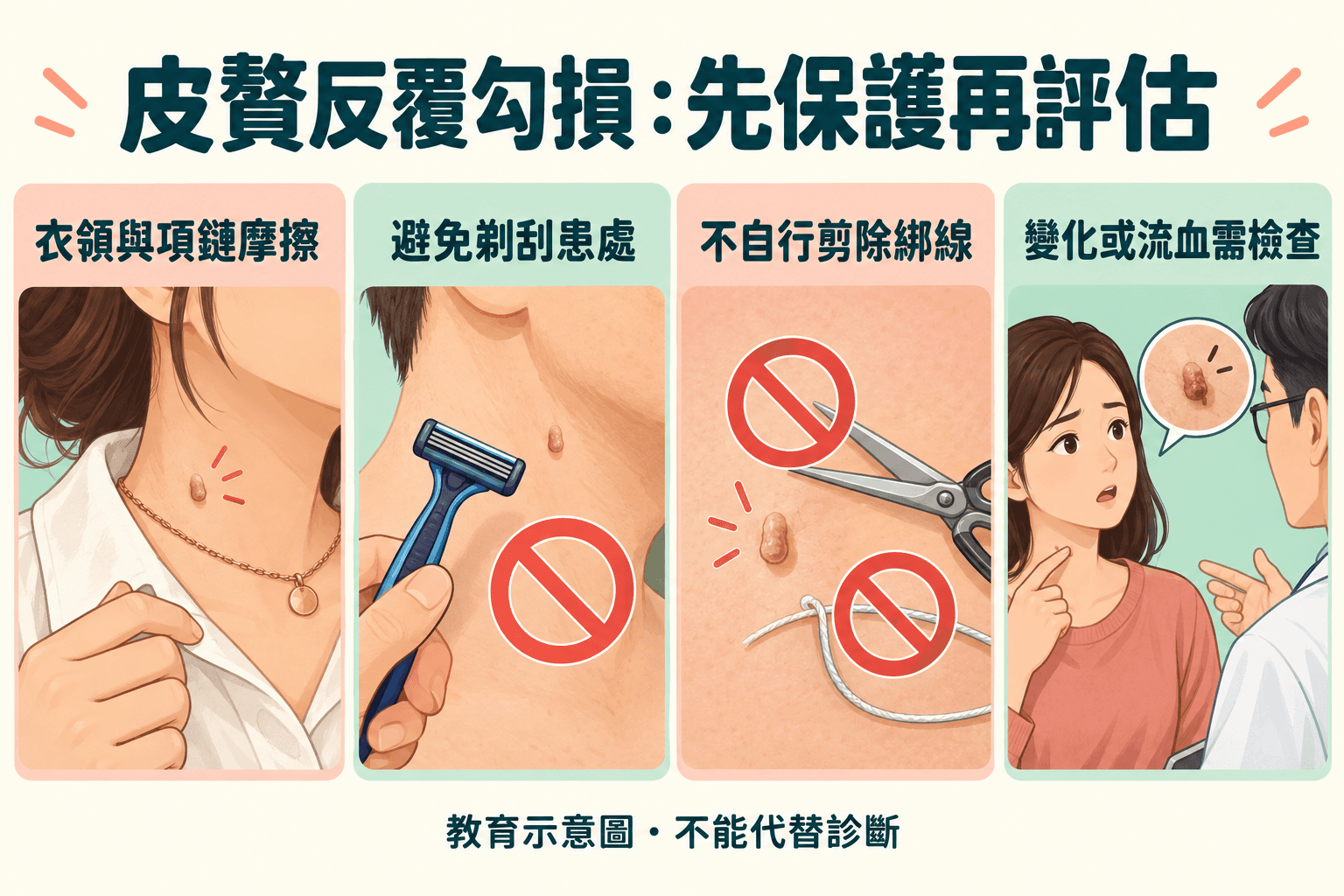 皮贅衣領摩擦、剃刮保護及避免自行剪綁的示意