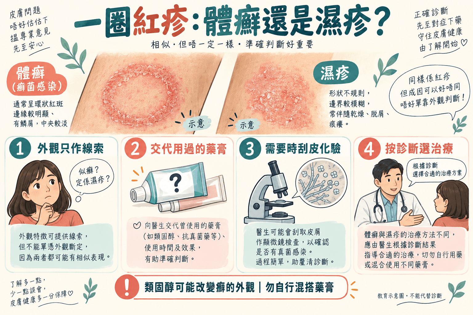體癬、濕疹與類固醇令真菌皮疹變樣的示意