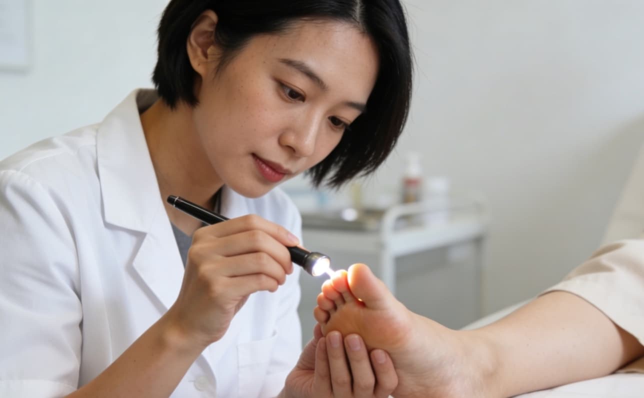 Asian dermatologist examining female patient's ingrown toenail in clinic.