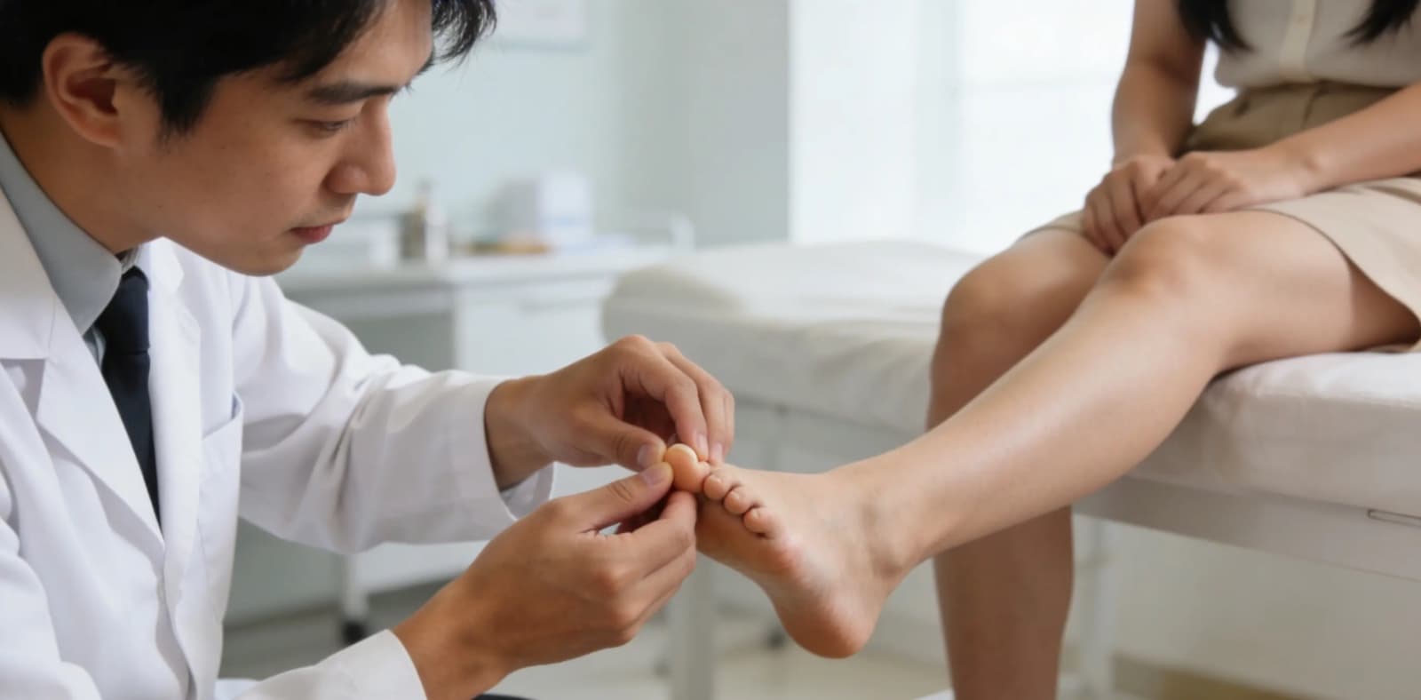 Asian dermatologist examining female patient's ingrown toenail in clinic.