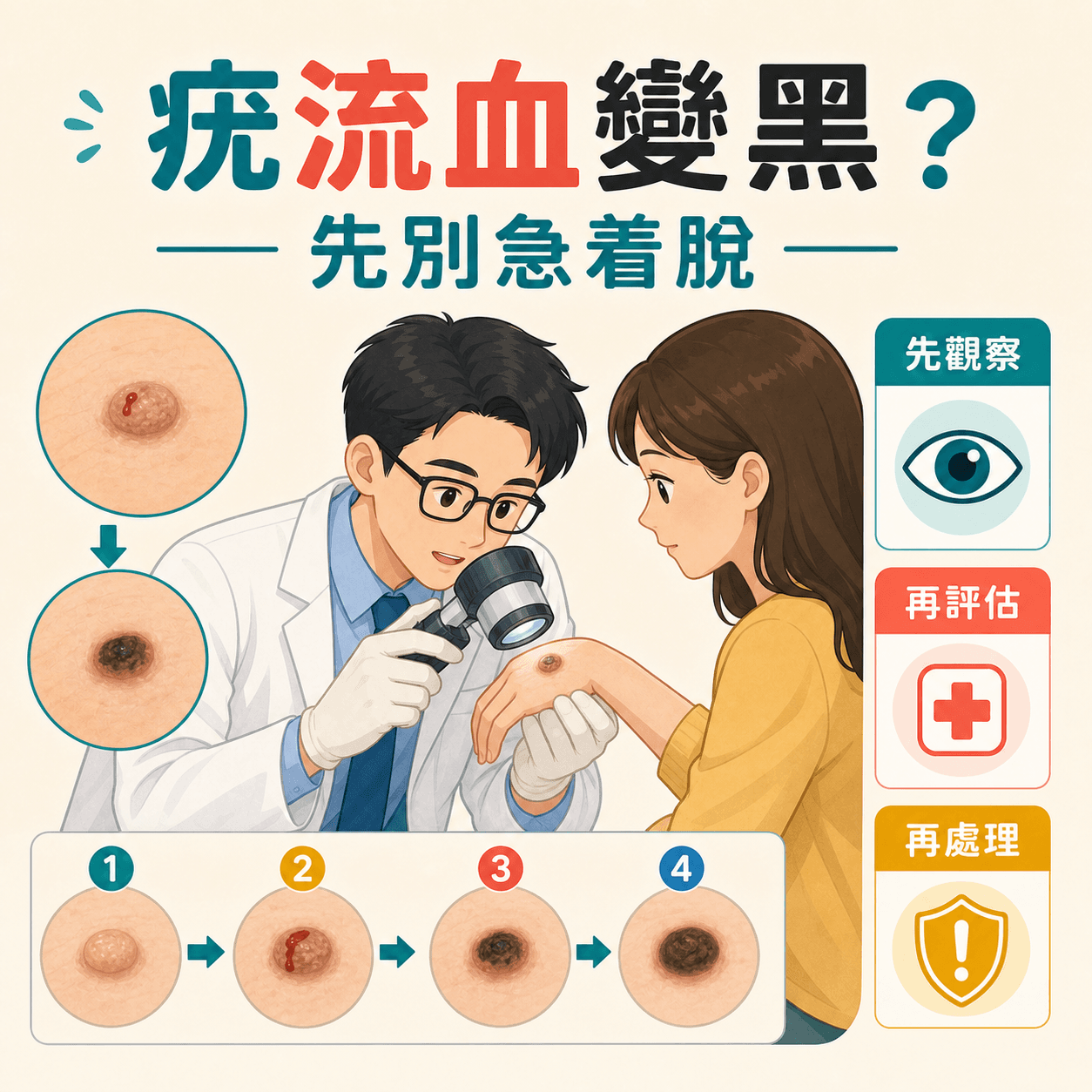 醫生檢查流血變黑或快速增大的疣狀病灶