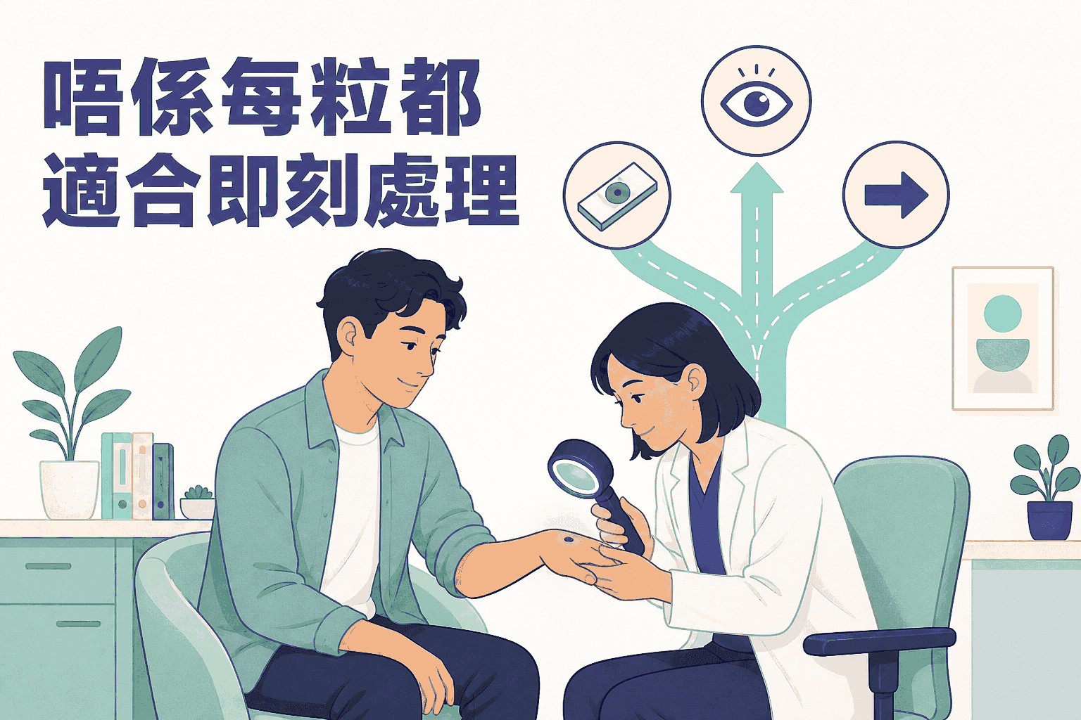 醫生在脫疣前以皮膚鏡評估病灶並考慮觀察取樣或轉介