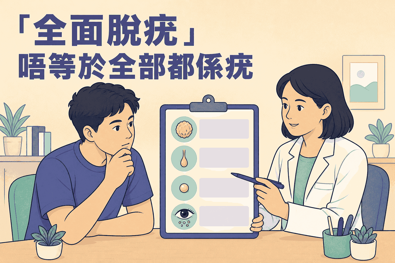 醫護人員與病人按病毒疣、皮膚贅疣、油脂粒及汗管瘤逐項檢視報價