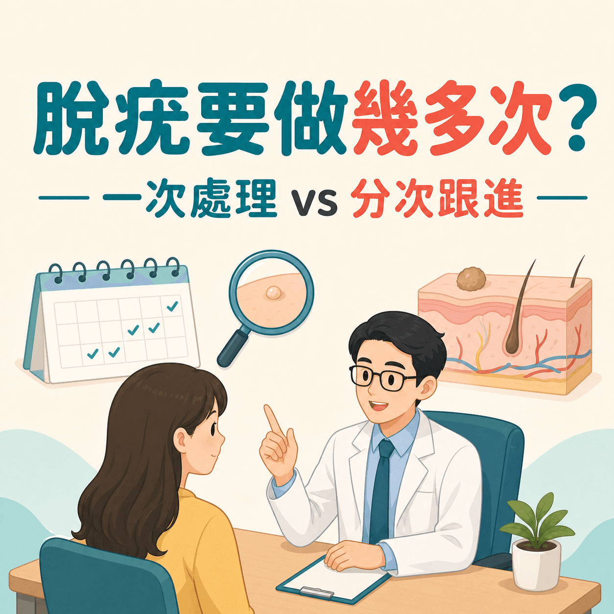 醫生向患者解釋脫疣次數與分次處理判斷