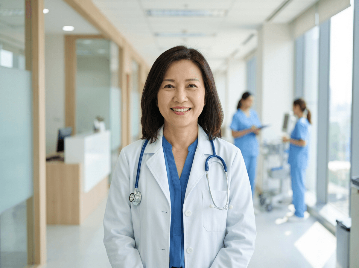Professional Asian doctor in a licensed medical center.