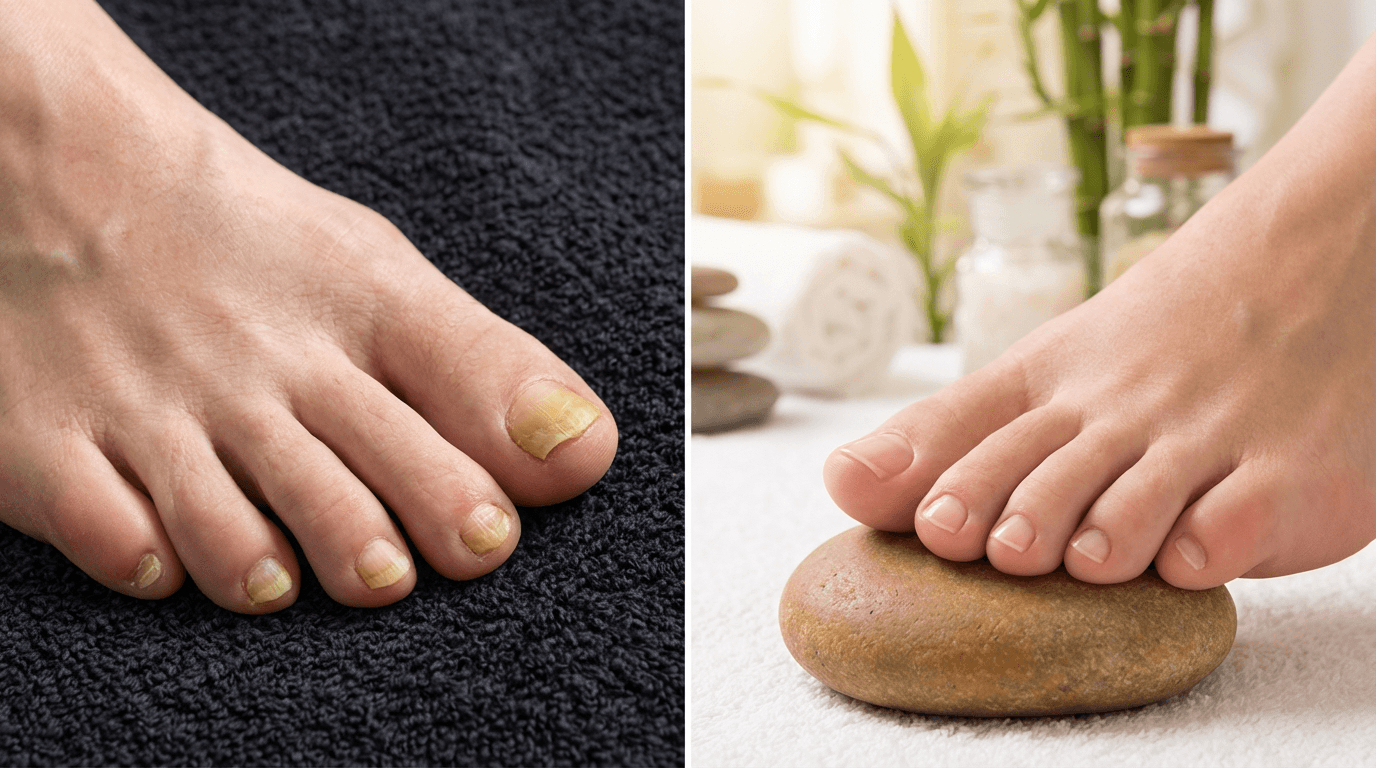 Conceptual before-and-after comparison showing fungal toenails versus healthy, clear toenails in a spa setting.