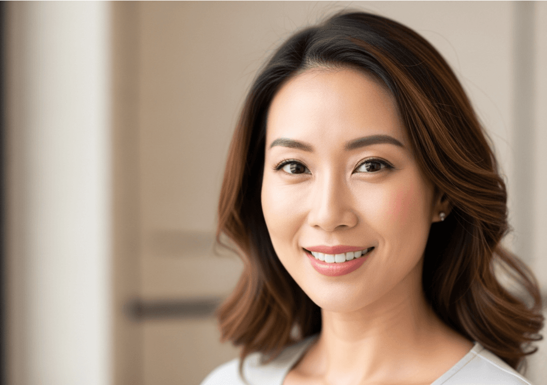 A confident Asian person with clear, healthy skin, feeling positive about their skin health.
