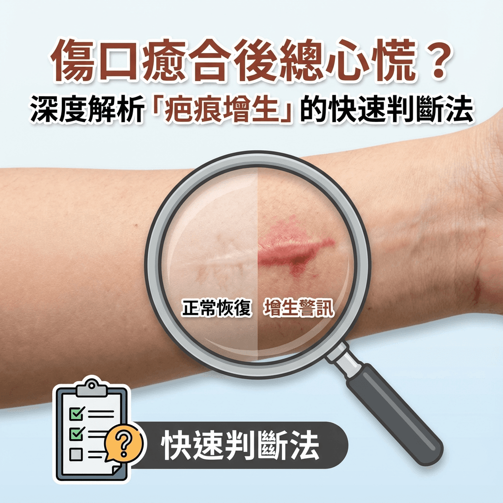 這張封面圖以一個正在癒合的傷口為背景,透過放大鏡的對比效果,直觀地展示了「正常恢復」與「增生警訊」的區別。標題和檢查表圖標突出了文章的核心內容——快速判斷疤痕狀況。
