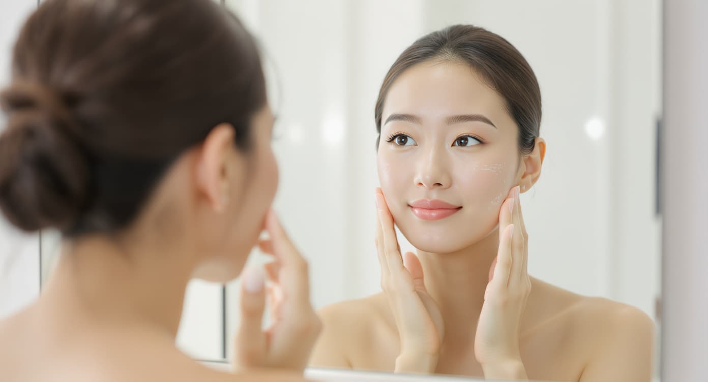 A person looking at their smooth, healthy skin in the mirror, representing successful flat wart treatment and skin care.