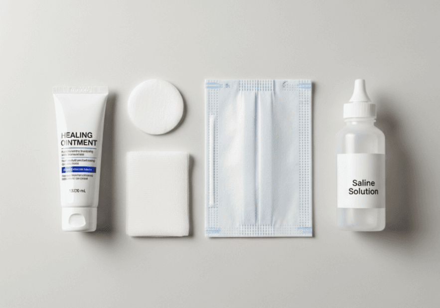 An organized flat-lay of essential after-care items for post-wart removal, including healing ointment, a medical mask, and saline solution
