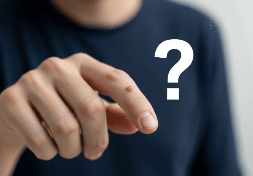 A conceptual image showing a hand with a small wart, with a large question mark nearby, representing common questions and uncertainty about wart treatment.