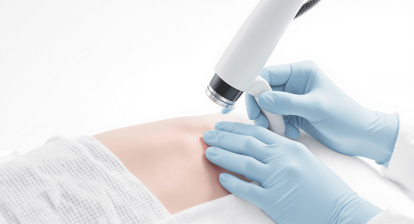 Dermatologist performing professional skin examination for HPV-related conditions using medical dermatoscope