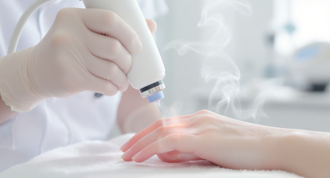 A dermatologist performing cryotherapy treatment with liquid nitrogen on a common wart in a professional clinical setting.