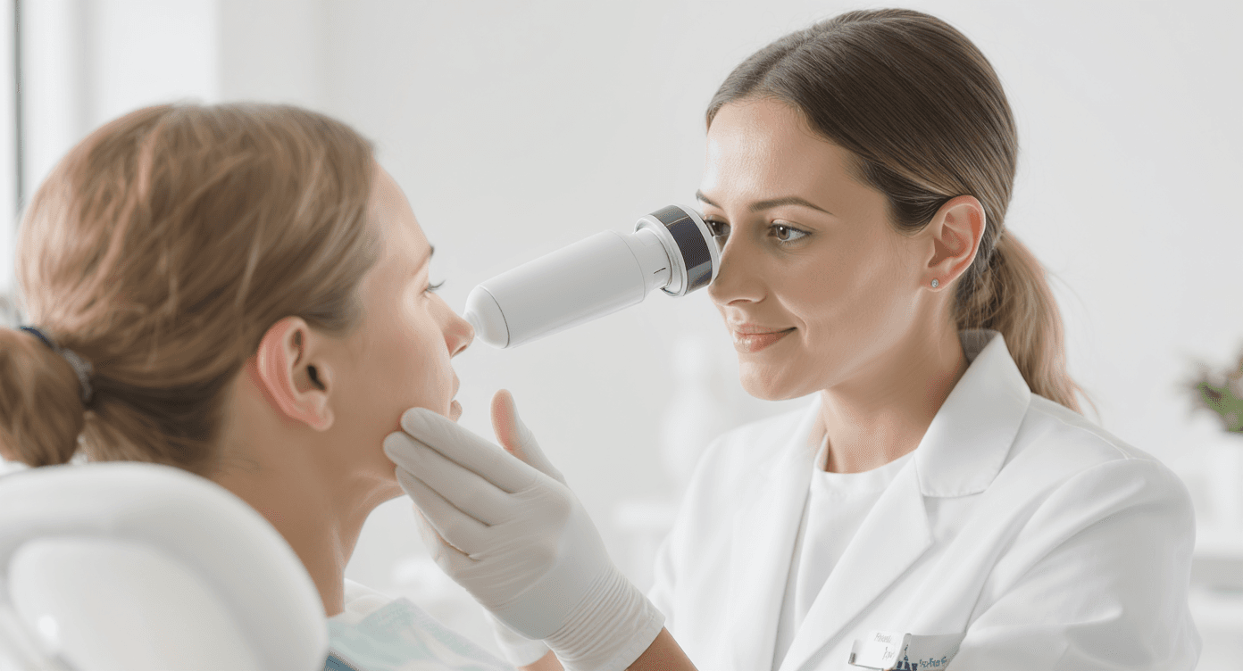 A dermatologist examining a patient's face for skin conditions like flat warts in a clean clinical setting.