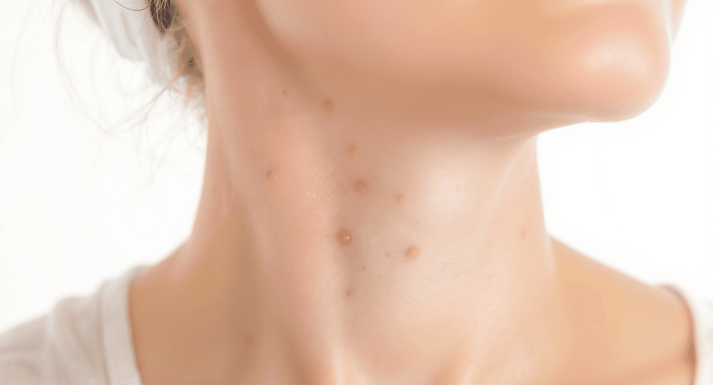 A clear image of a person's neck showing several small filiform warts, illustrating the main topic of the article.