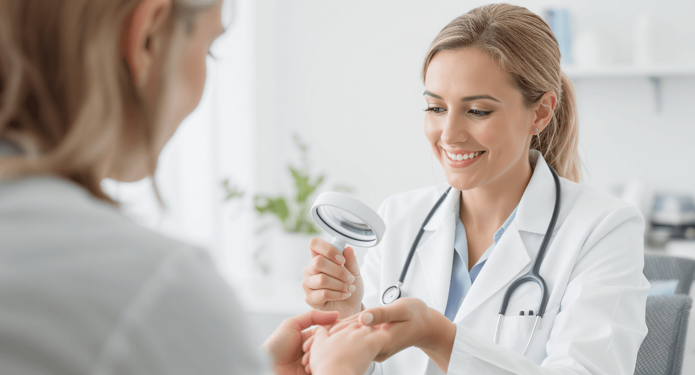 A dermatologist examining a patient's hand for skin conditions like viral warts in a clean, professional clinic setting.