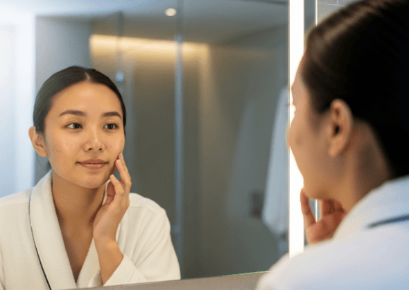 A person looking hopefully at their clearer skin in the mirror, representing the positive results of a consistent acne care routine.