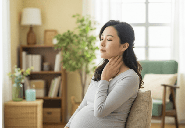 A calm pregnant woman examining the skin on her neck, representing common skin concerns during pregnancy like warts.