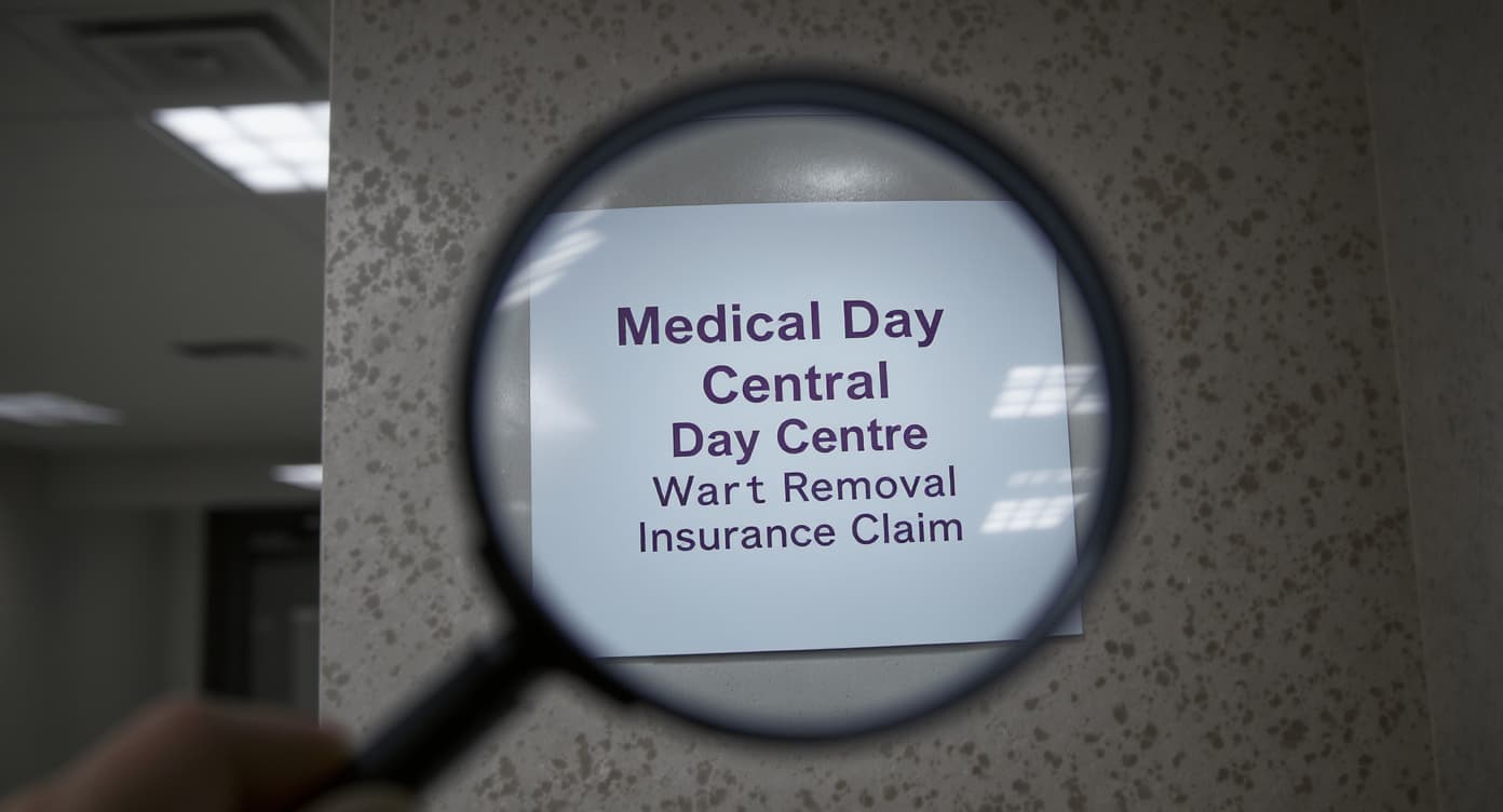 A magnifying glass focusing on a medical day centre sign, illustrating the correct choice for a wart removal insurance claim in Hong Kong