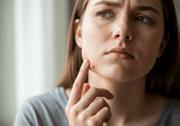 A person feeling a deep, painful blind pimple on their jawline, representing the main topic of cystic acne.