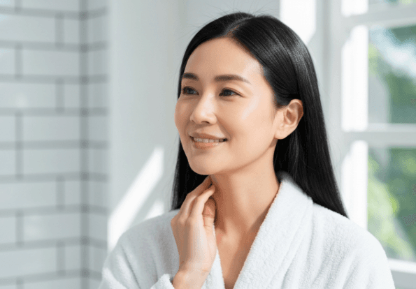 An Asian woman happily touching her smooth neck, free from filiform warts, after improving her immunity.