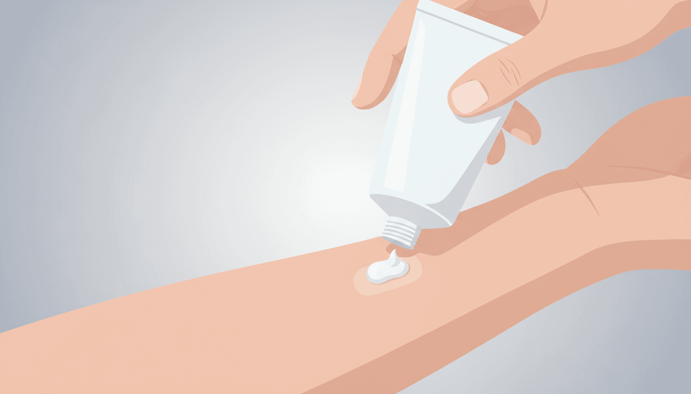 A stylized illustration of a hand gently applying a small dab of cream to a patch of skin, emphasizing care and healing.