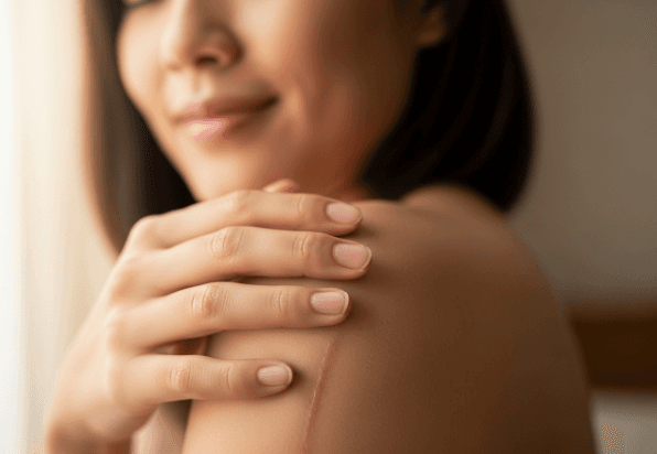 A person feeling relieved and touching their healed, smooth skin after successful scar treatment.