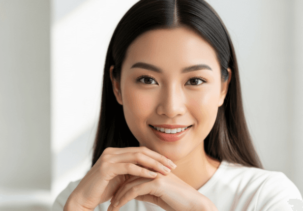 Close-up portrait of a confident Asian woman with clear, healthy skin, smiling softly.