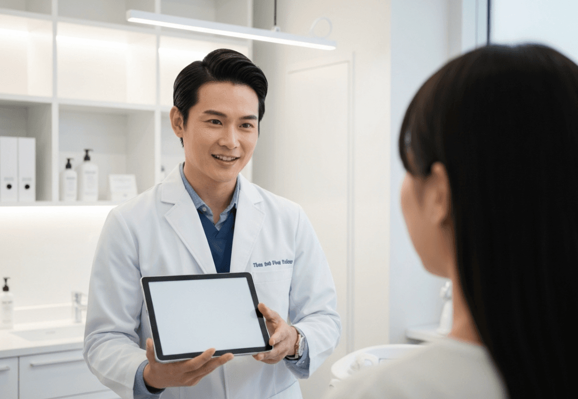 Asian doctor explaining wart removal procedure to a patient in a modern clinic