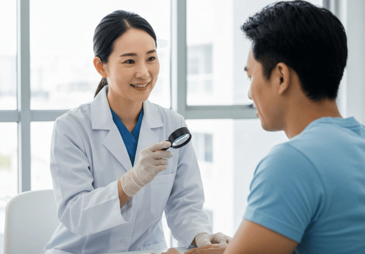 Asian doctor discussing epidermoid cyst surgery aftercare plan with patient