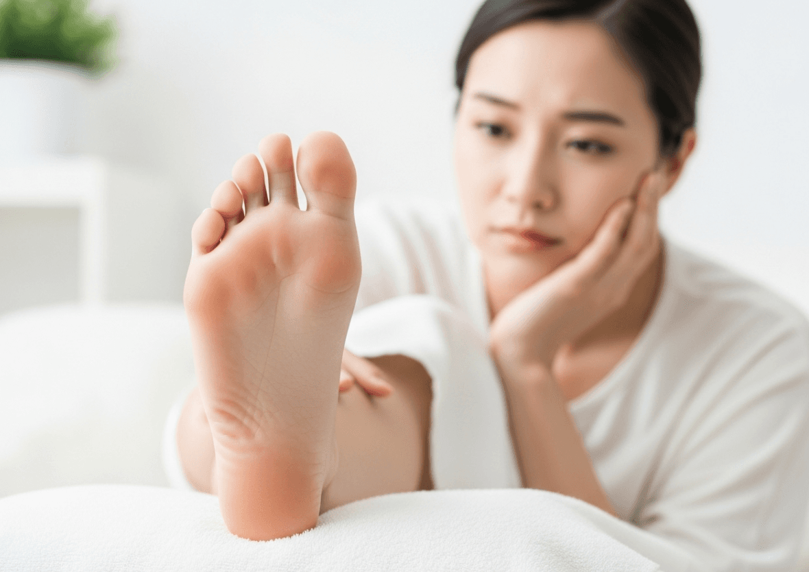 An Asian person examining the sole of their foot, symbolizing recovery and understanding the signs of a healing plantar wart.