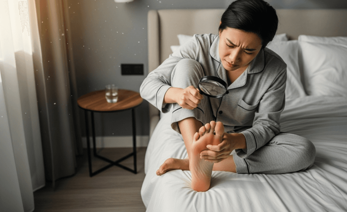 An Asian person using a magnifying glass to closely inspect their foot, illustrating the process of early self-detection for plantar warts.